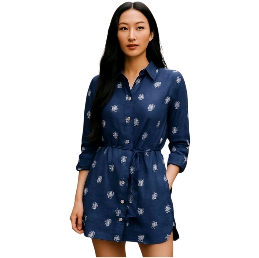 Umgee Dandelions Blue White Collared Button Down Belted Shirt Dress Size Small